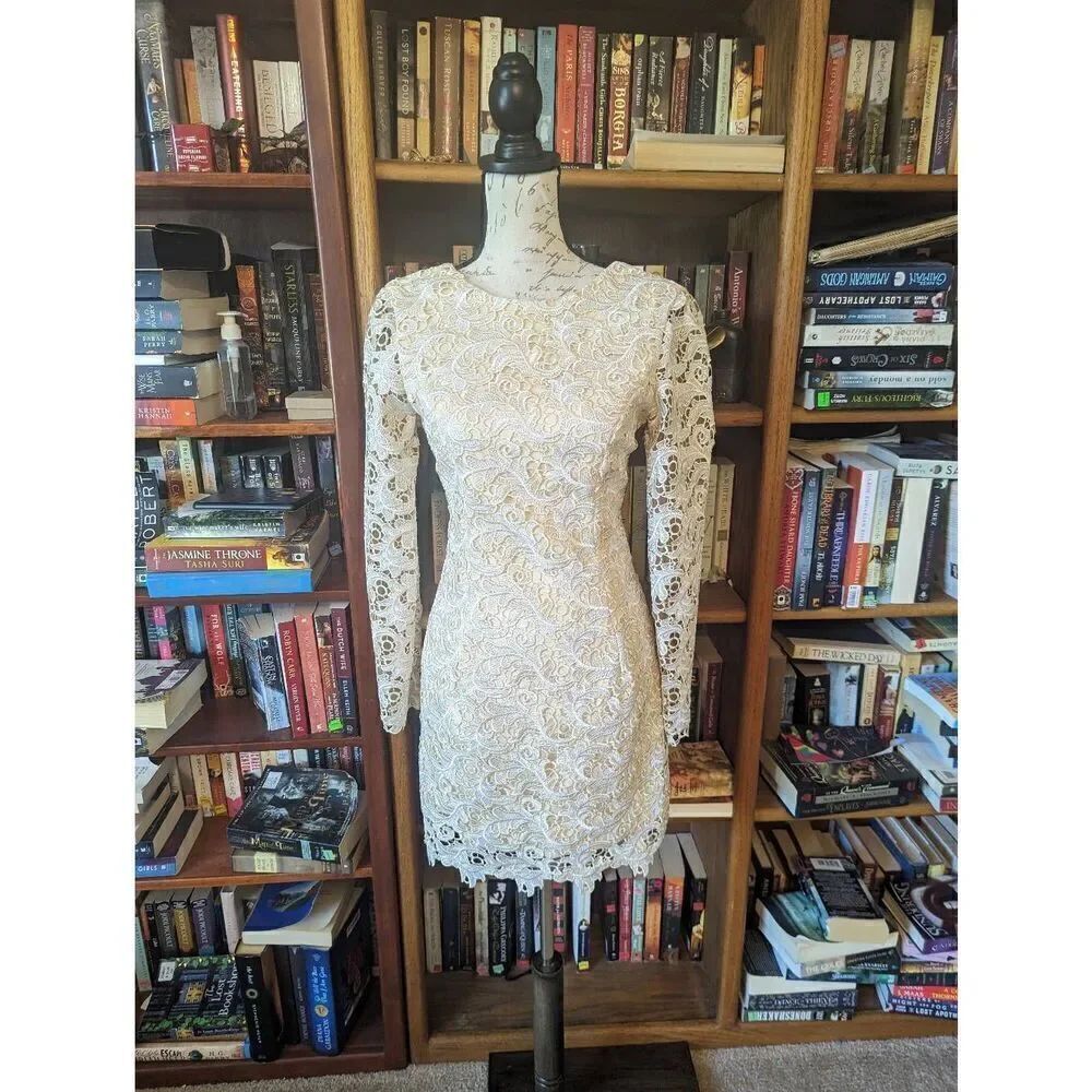 Dress the population Clara ivory lace embroidered long sleeve mini dress xs euc